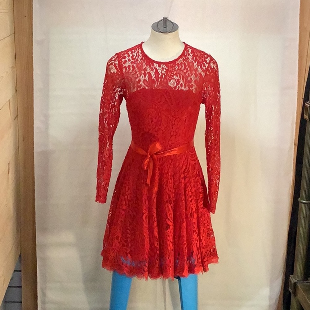 ANGVNS Women Long Sleeve Round Neck Swing Party A Line Lace Dress,Wine Red